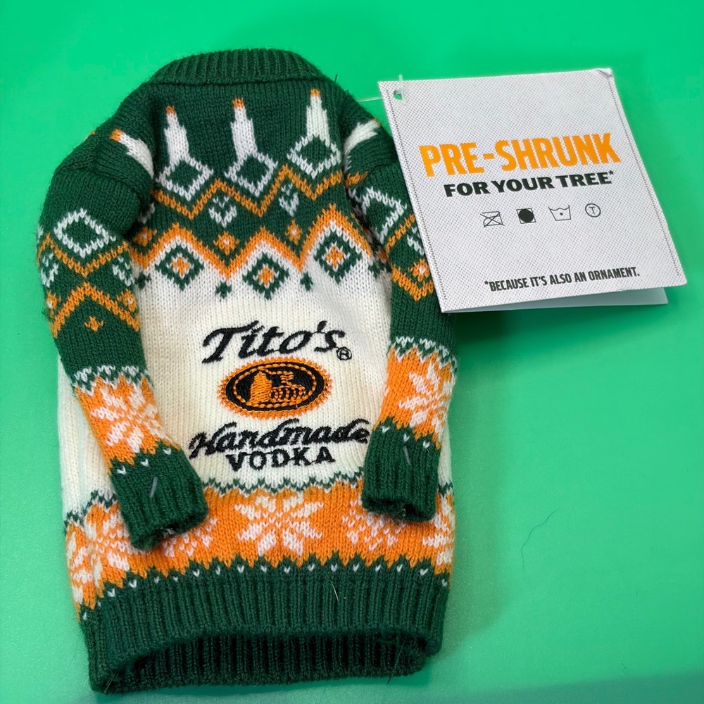 Tito's Handmade Vodka Bottle Sweater Ornament Green/Orange Fair Isle Holiday NWT